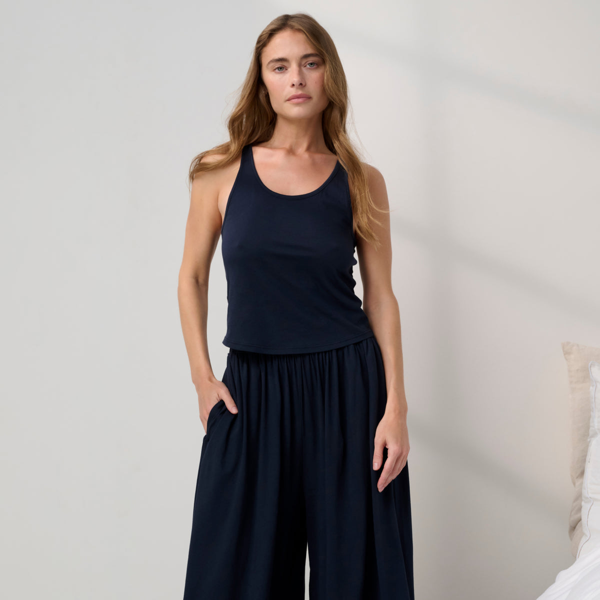 Lunya Pajamas - Organic Pima Curved Hem Tank & Organic Pima Wide Leg Pant #Deep Blue