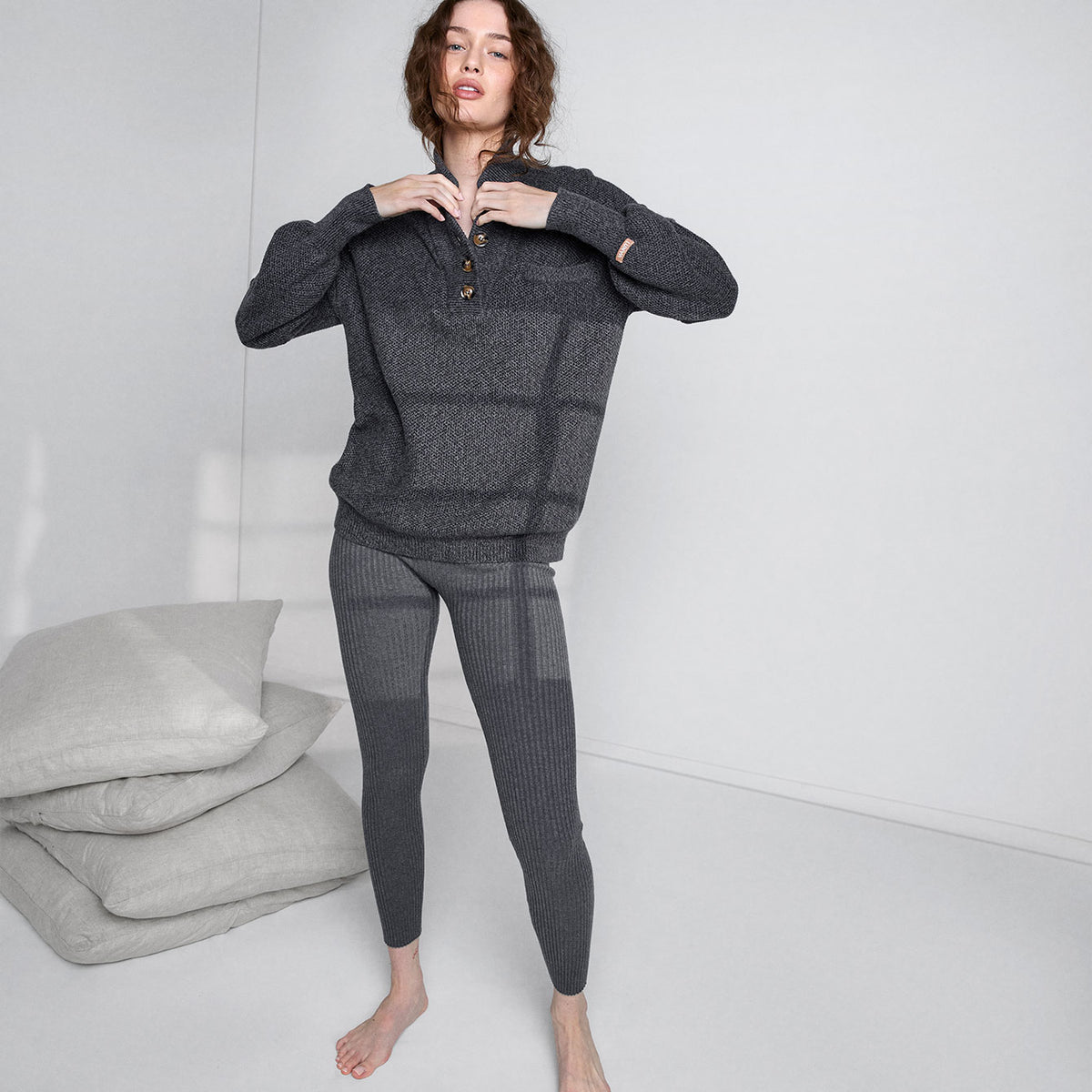 Cozy Cotton Silk Pocket Henley - #Drifting Charcoal