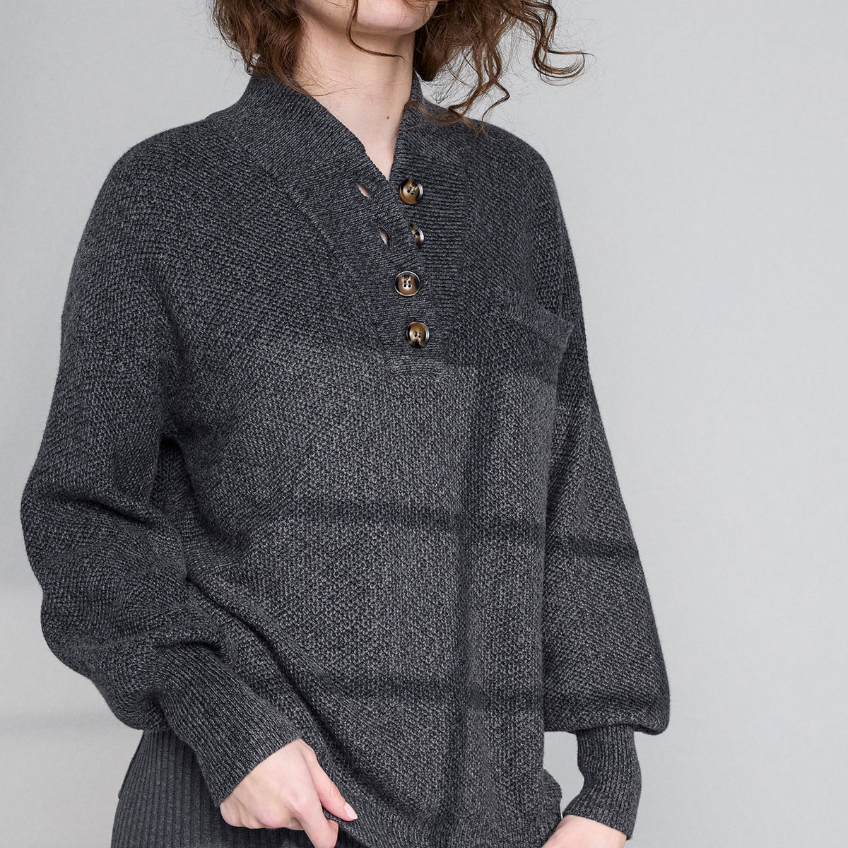 Cozy Cotton Silk Pocket Henley - #Drifting Charcoal