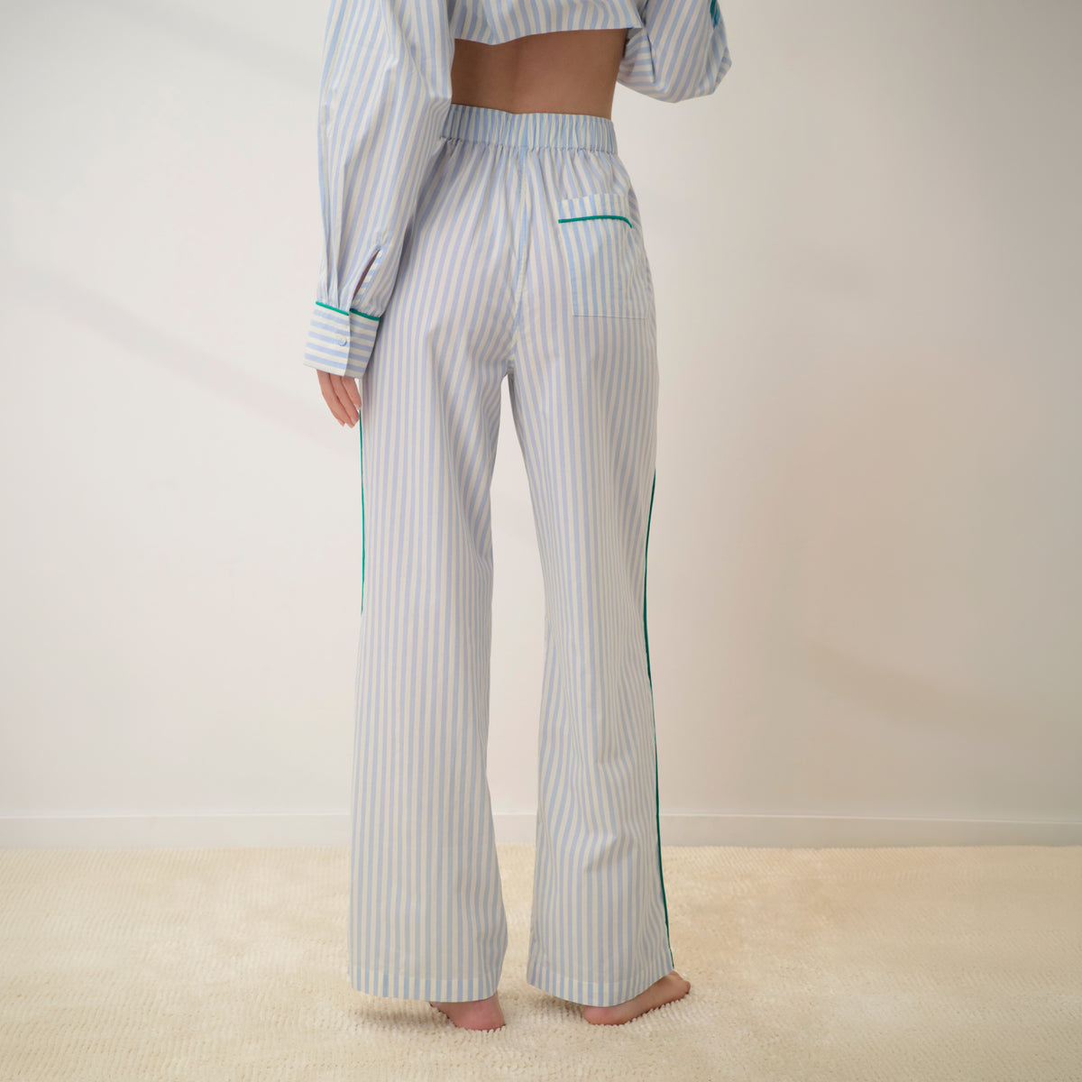 Lunya Pajamas - AIRY COTTON PIPED WIDE LEG PANT #STILLWATER STRIPE / SPRING CLOVER