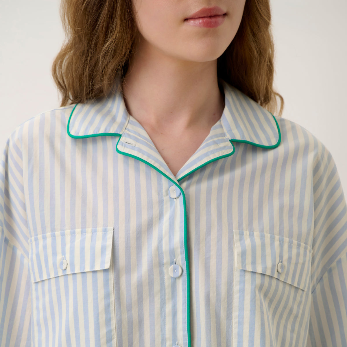 Lunya Pajamas - AIRY COTTON PIPED BUTTON DOWN #STILLWATER STRIPE / SPRING CLOVER