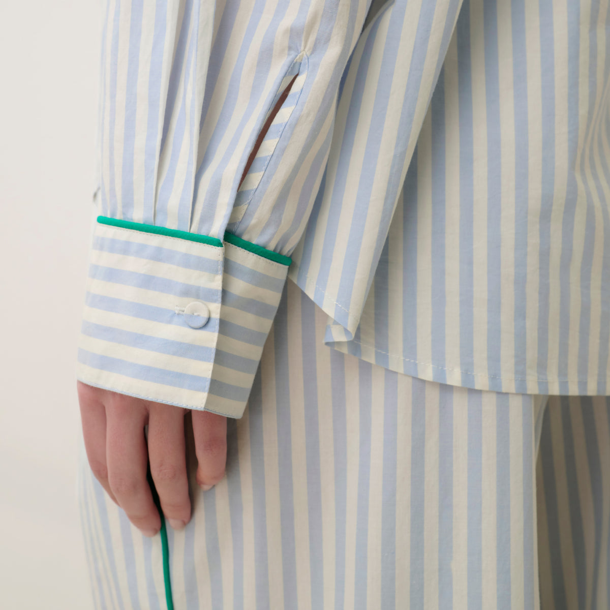 Lunya Pajamas - AIRY COTTON PIPED BUTTON DOWN #STILLWATER STRIPE / SPRING CLOVER