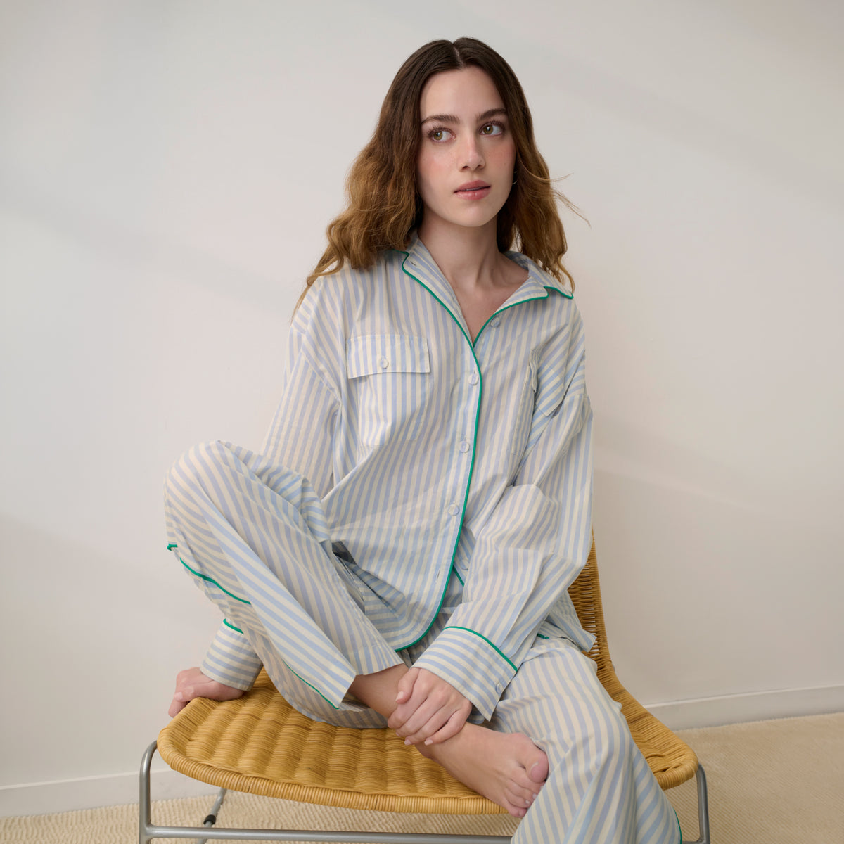 Lunya Pajamas - AIRY COTTON PIPED WIDE LEG PANT #STILLWATER STRIPE / SPRING CLOVER