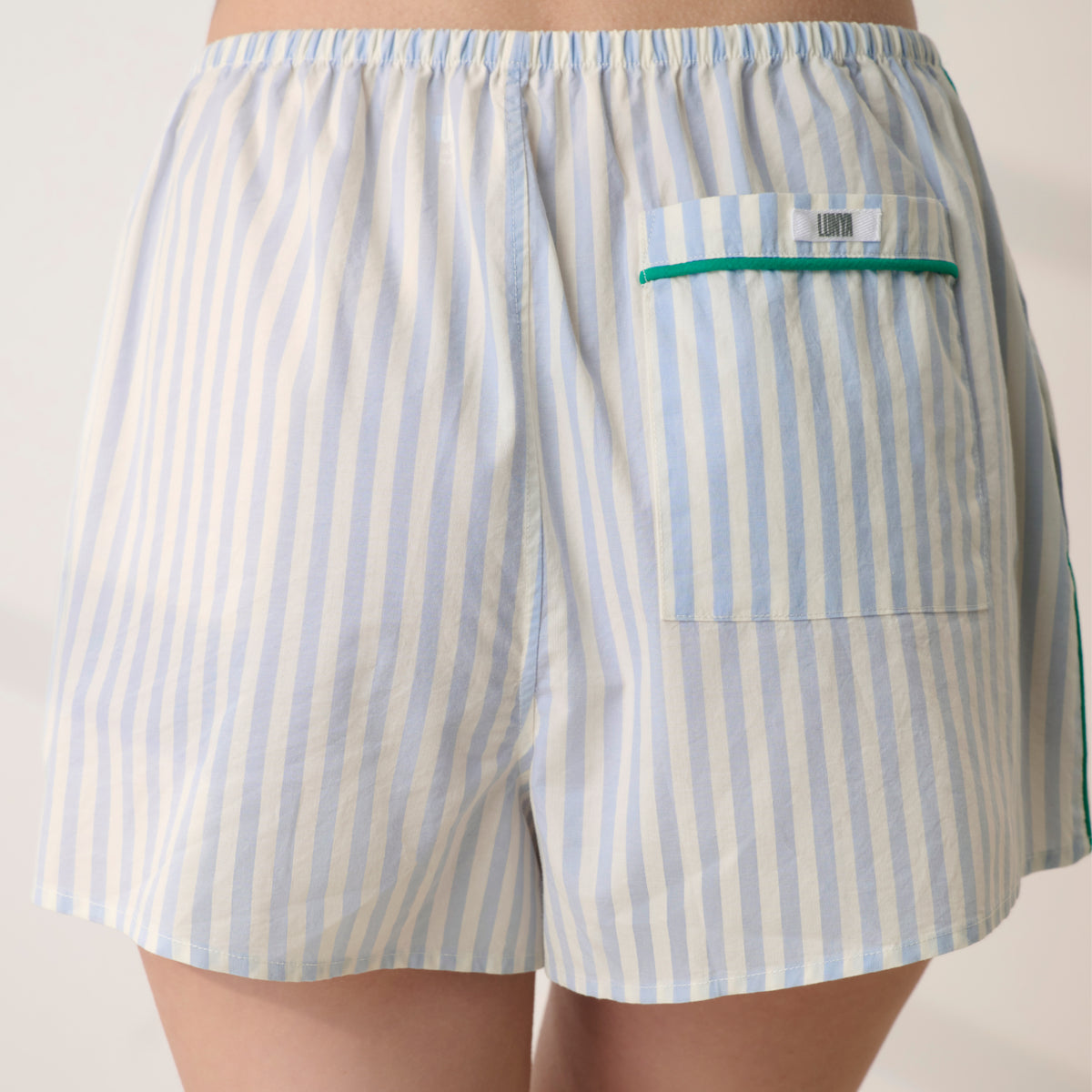 Lunya Pajamas - AIRY COTTON PIPED SHORT #STILLWATER STRIPE / SPRING CLOVER