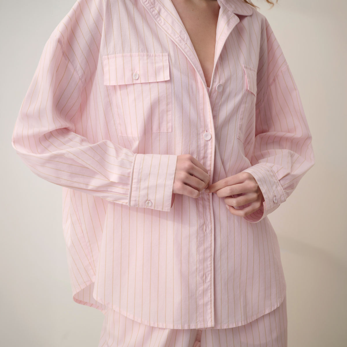 Lunya Pajamas - AIRY COTTON PIPED BUTTON DOWN #ROSEWATER STRIPE