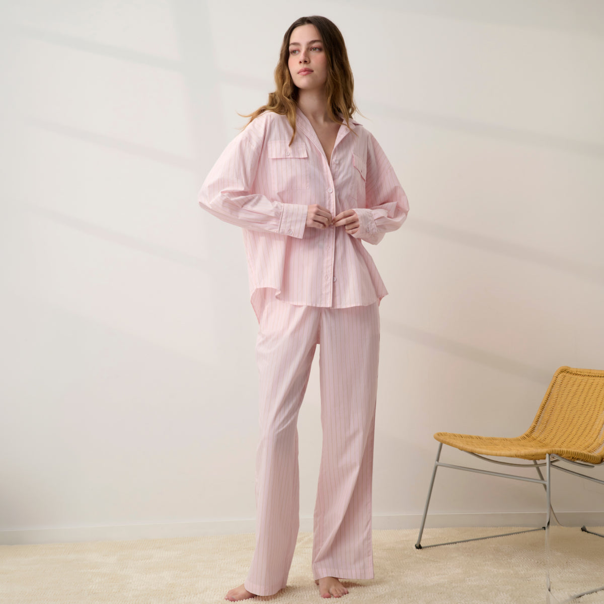 Lunya Pajamas - AIRY COTTON PIPED WIDE LEG PANT #ROSEWATER STRIPE