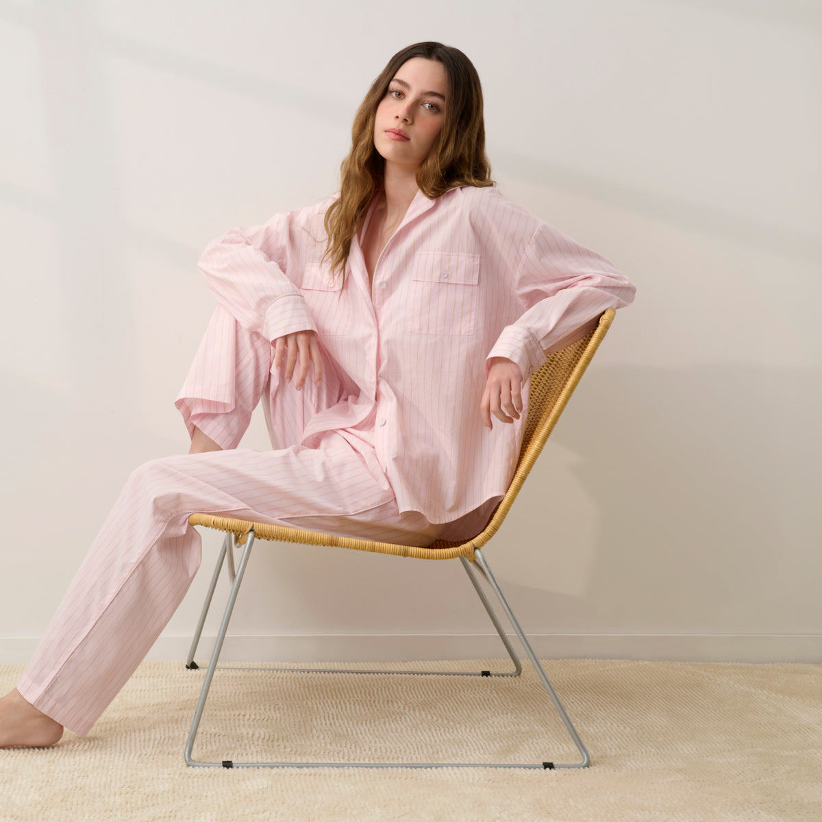 Lunya Pajamas - AIRY COTTON PIPED BUTTON DOWN #ROSEWATER STRIPE