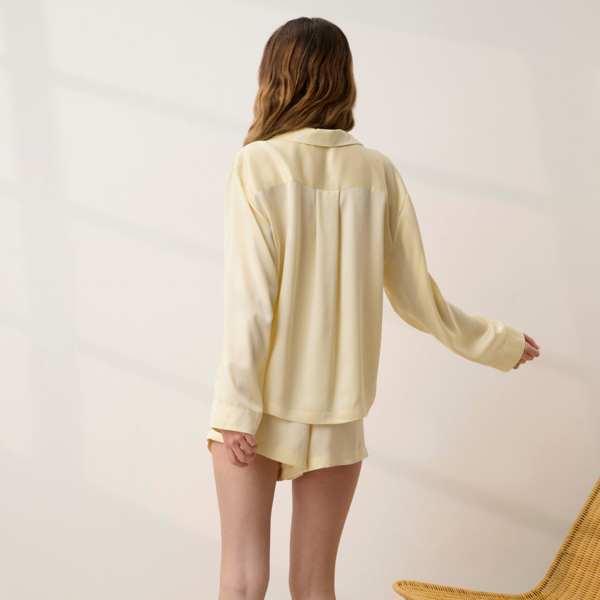 Lunya Pajamas - WASHABLE SILK BUTTON UP LONG SLEEVE SHORT SET #FRENCH BUTTER