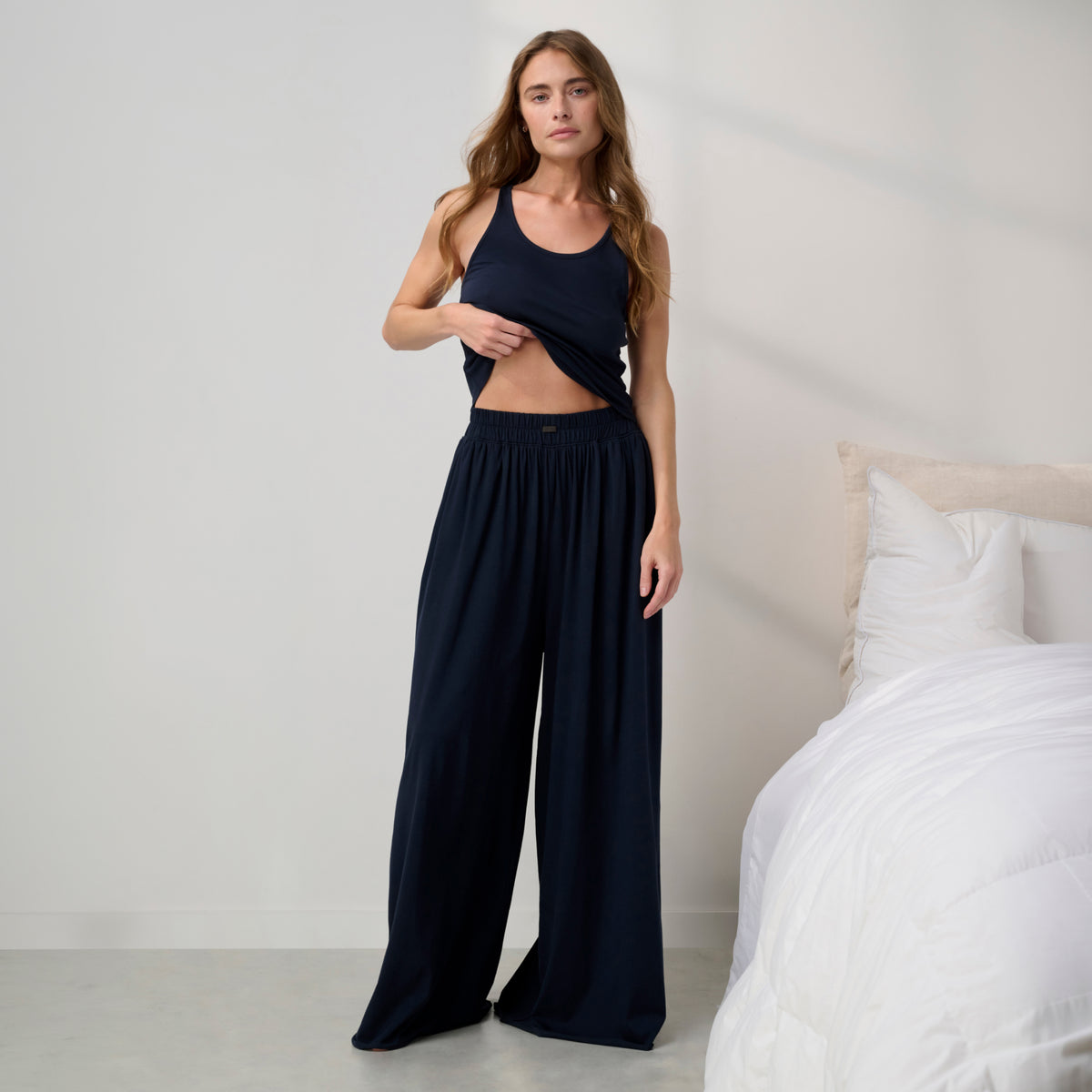 Lunya Pajamas - Organic Pima Curved Hem Tank / Organic Pima Wide Leg Pant #Deep Blue