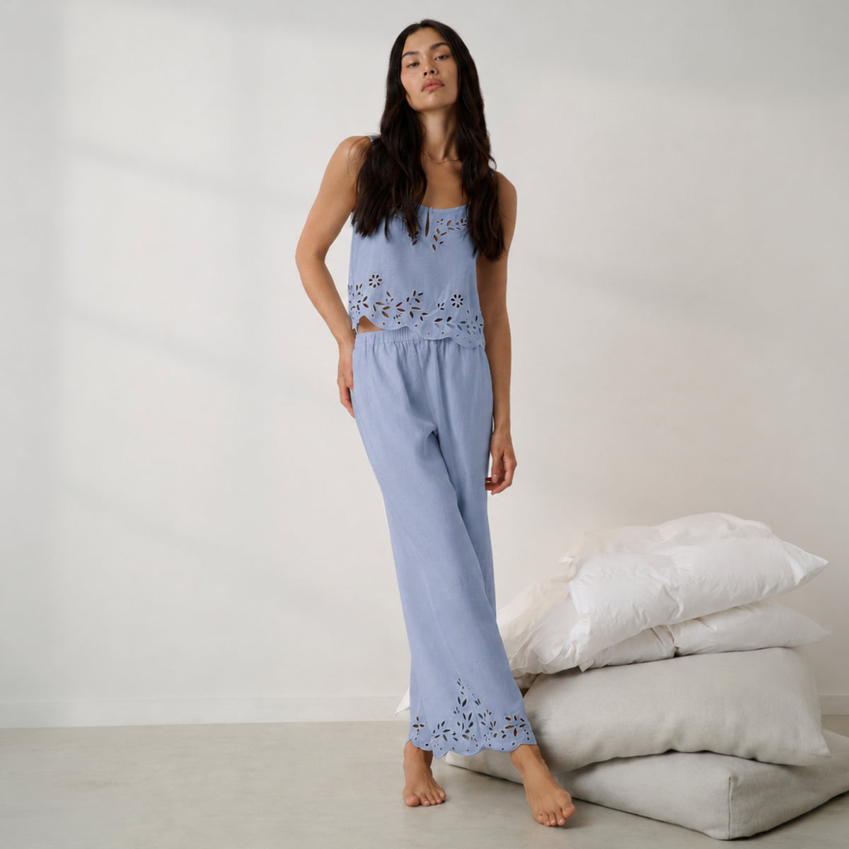 Lunya Pajamas - Linen Embroidered Eyelet Tank - #Whisper Blue
