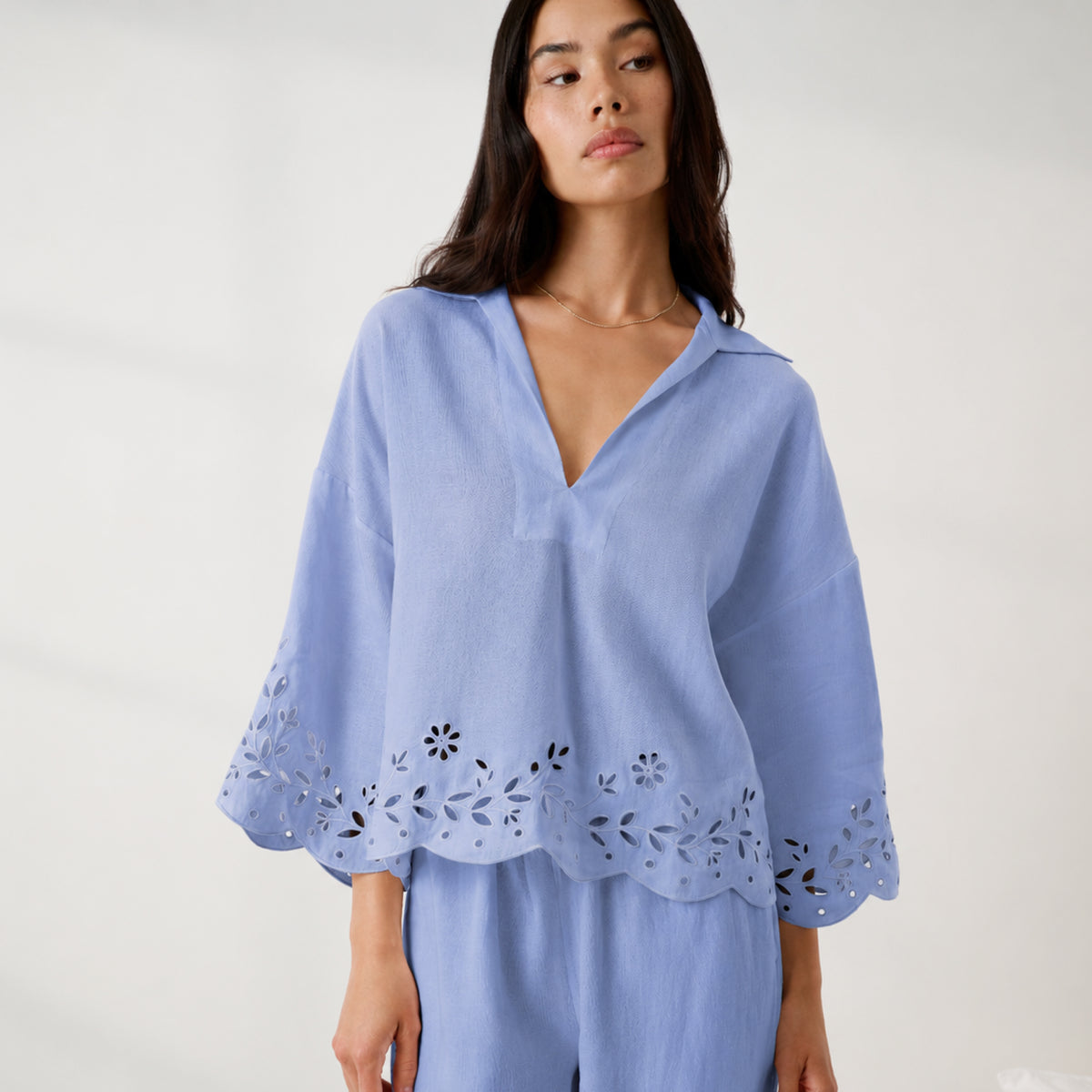 Lunya Pajamas - Linen EMBROIDERED EYELET SHIRT - #Whisper Blue