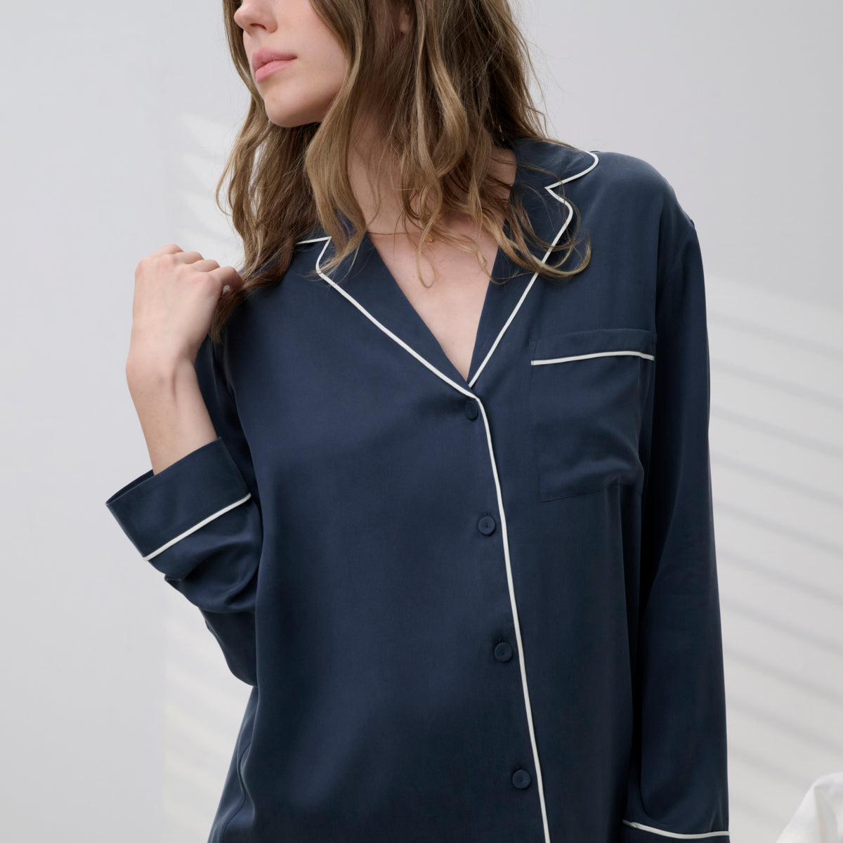 Lunya Pajamas Washable Silk Piped Sleep Shirt Dress - #Deep Blue/Tranquil White