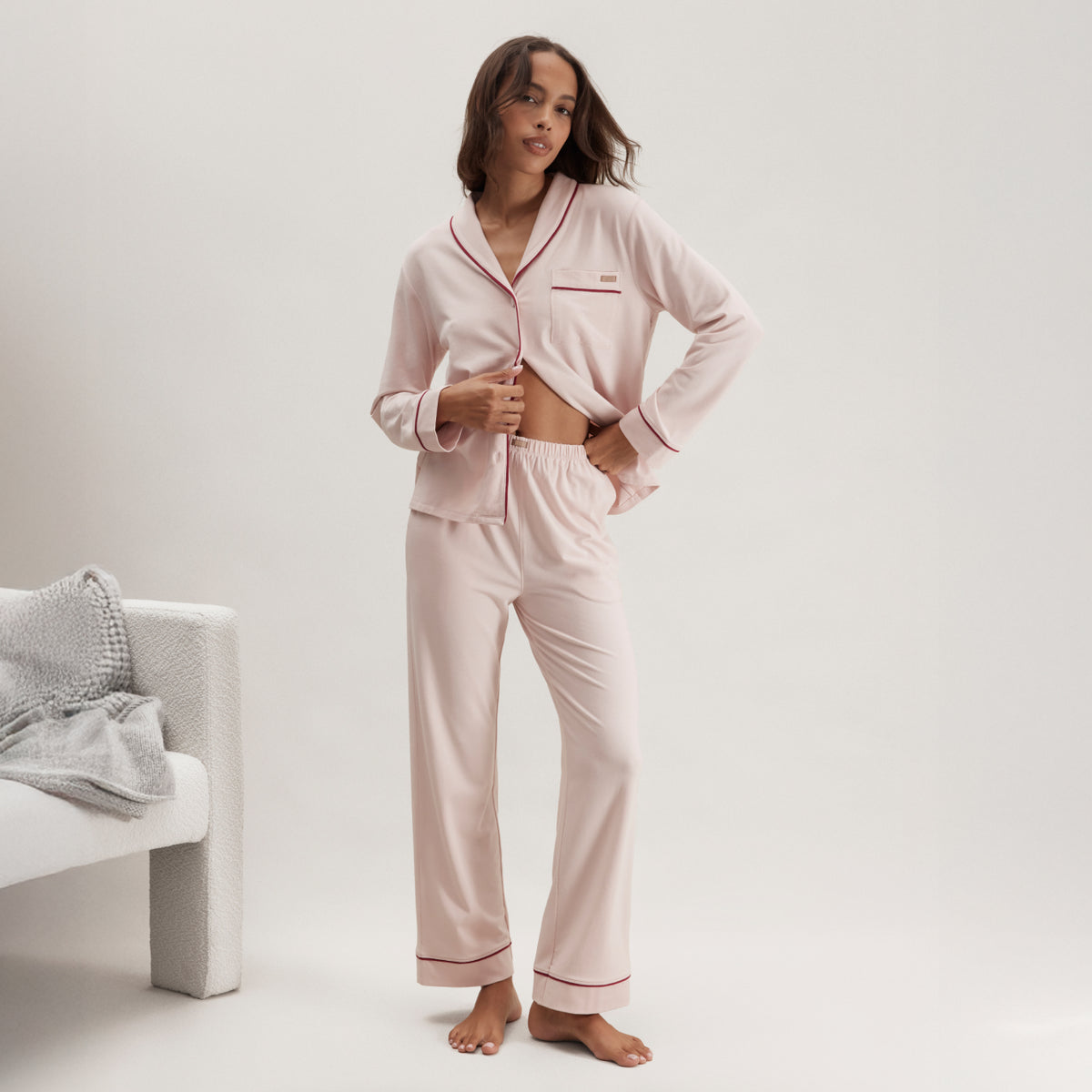 Lunya Pajamas Slumberknit™ Shawl Collar Button Down Pant Set - #Delicate Pink/Pomegranate Jewel