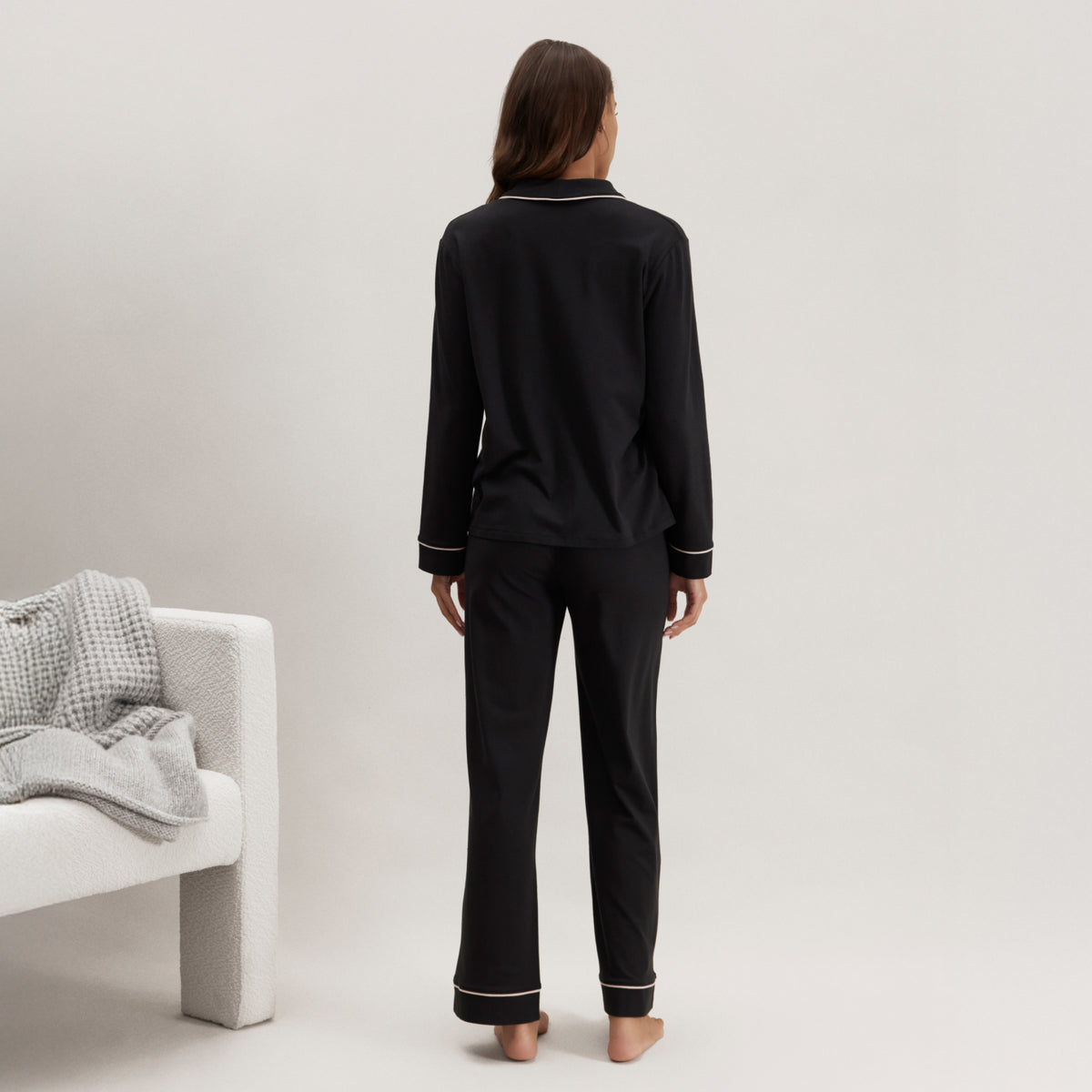Lunya Pajamas Slumberknit™ Shawl Collar Button Down Pant Set - #Immersed Black/Delicate Pink