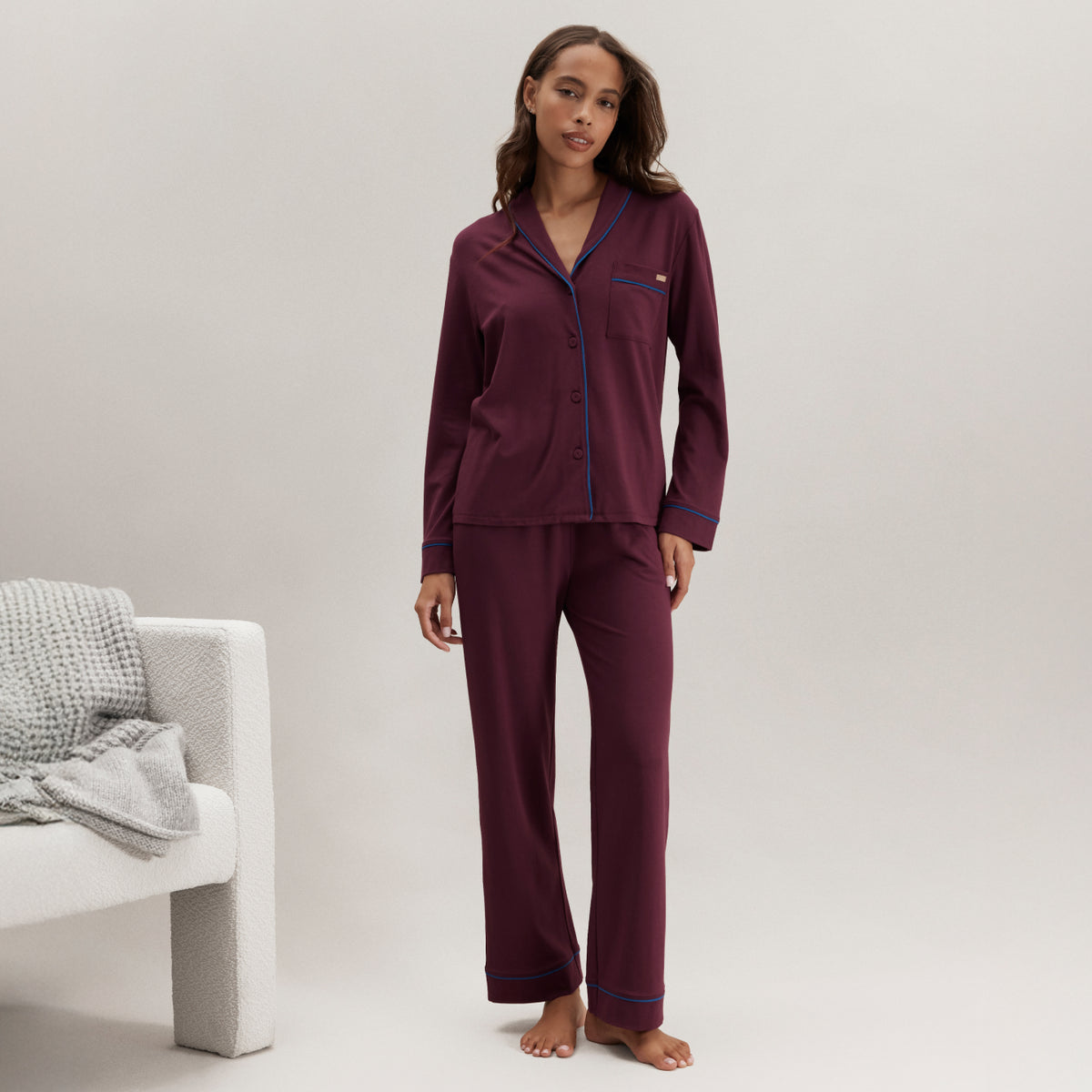 Lunya Pajamas Slumberknit™ Shawl Collar Button Down Pant Set - #Calliope Wine/Royal Lagoon