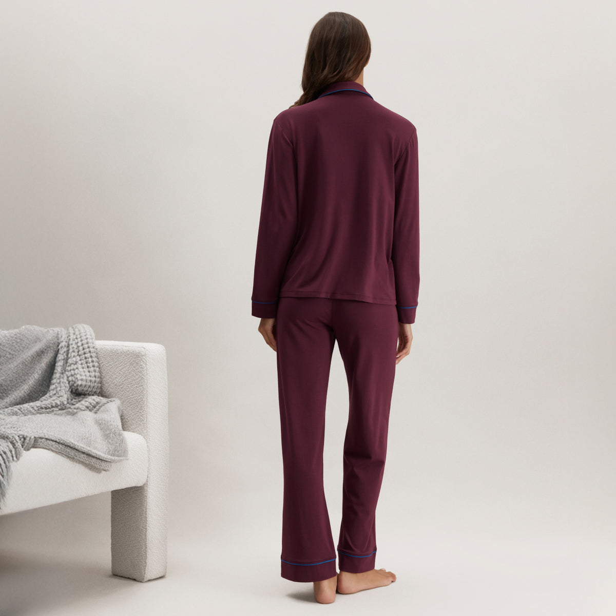 Lunya Pajamas Slumberknit™ Shawl Collar Button Down Pant Set - #Calliope Wine/Royal Lagoon