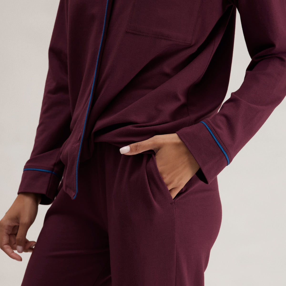 Lunya Pajamas Slumberknit™ Shawl Collar Button Down Pant Set - #Calliope Wine/Royal Lagoon