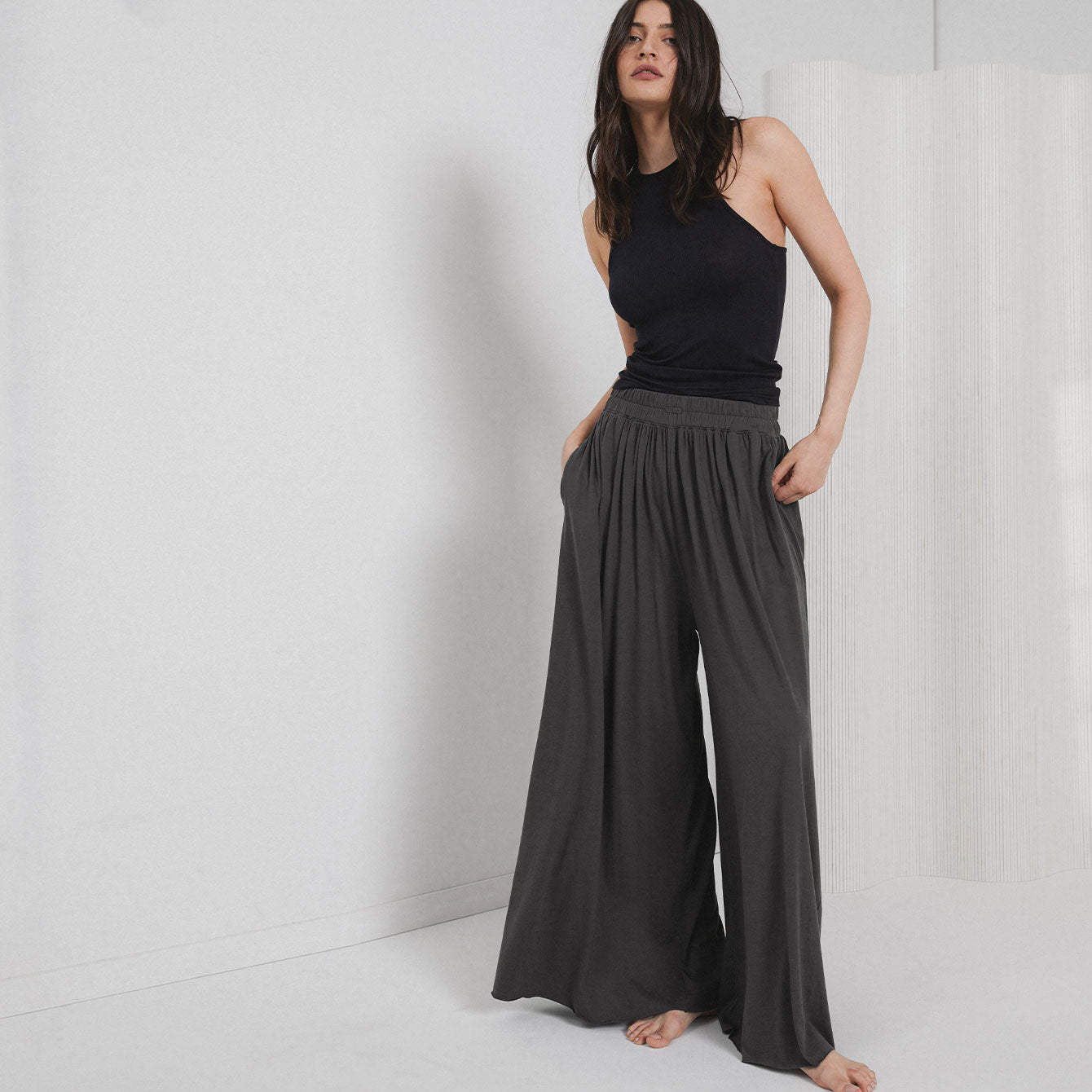 WIDE-LEG TROUSERS WITH DOUBLE WAISTBAND - Grey