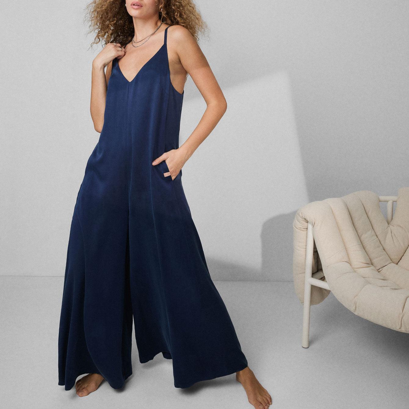 Washable Silk Elastic Strap Jumpsuit Deep Blue / S