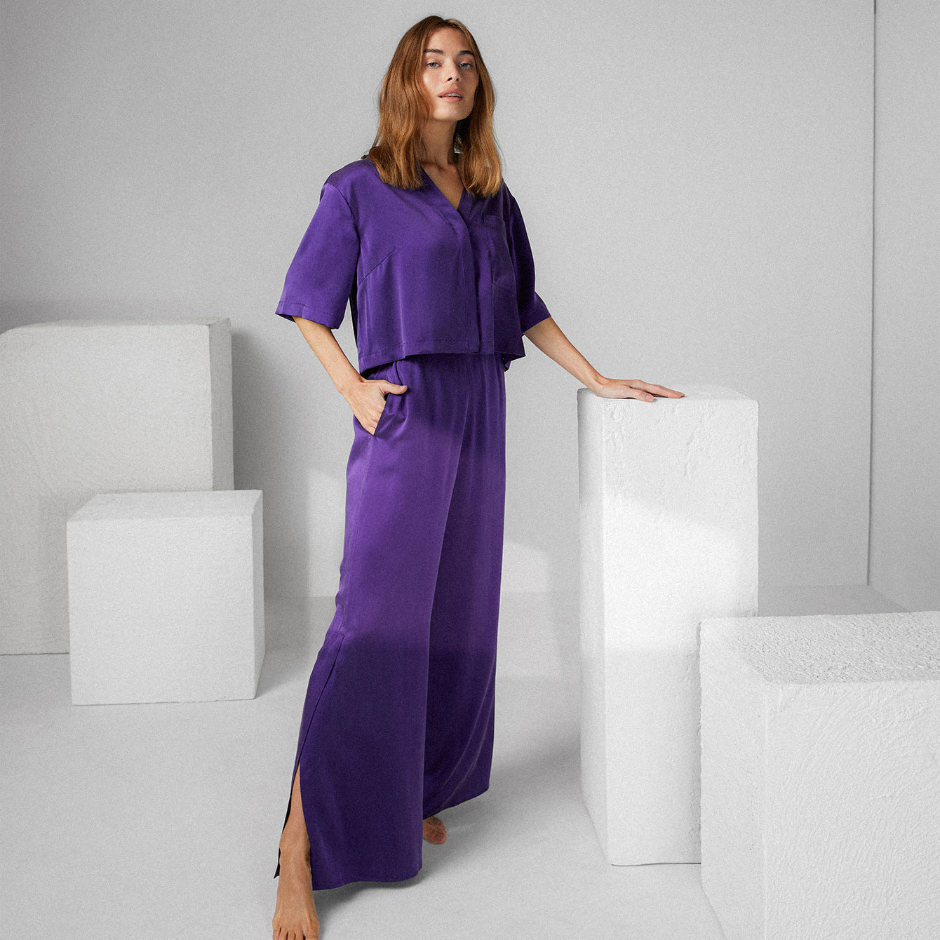 Washable Silk High Rise Pant Set - Flying Fig / XS