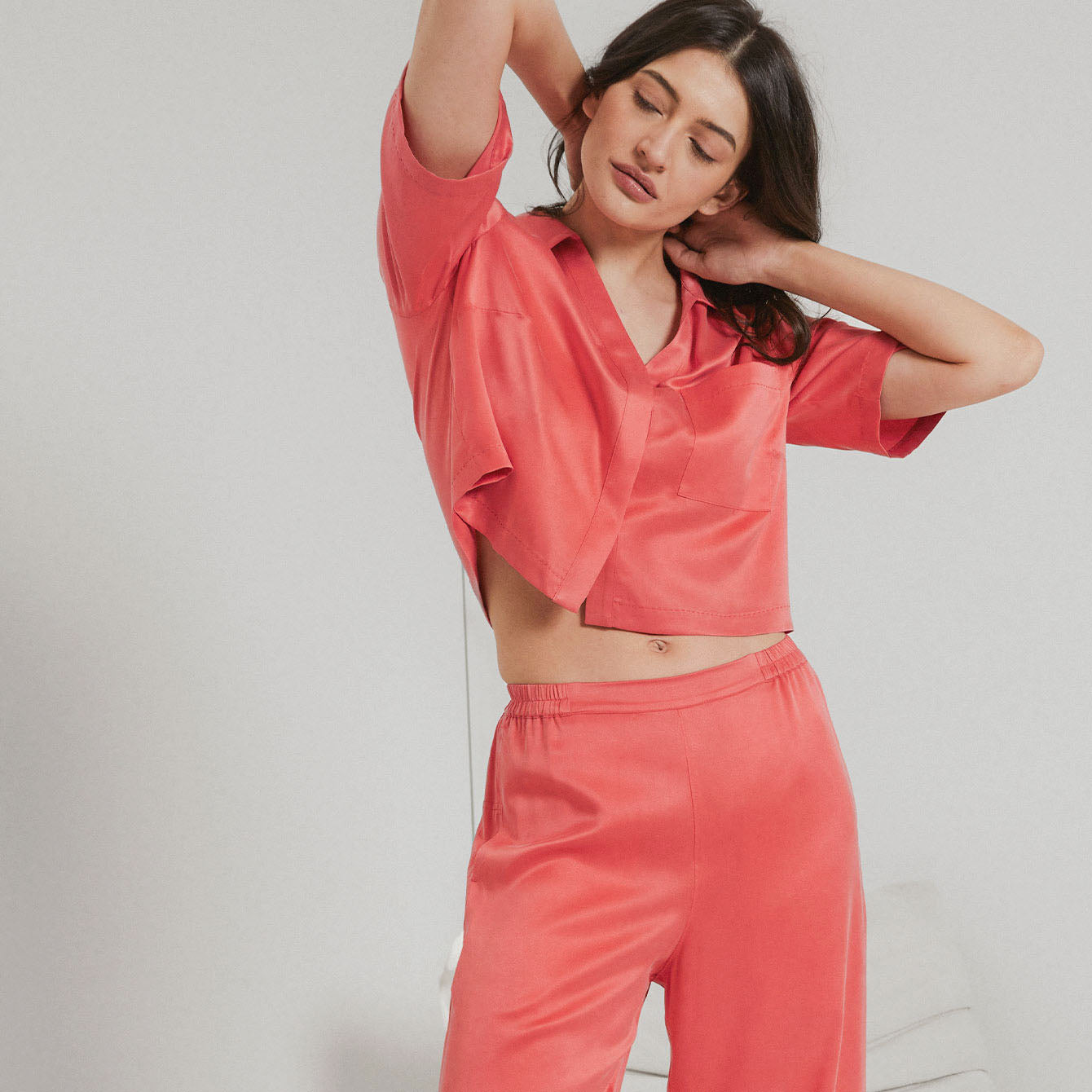 Washable Silk High Rise Pant Set - #Outro Coral
