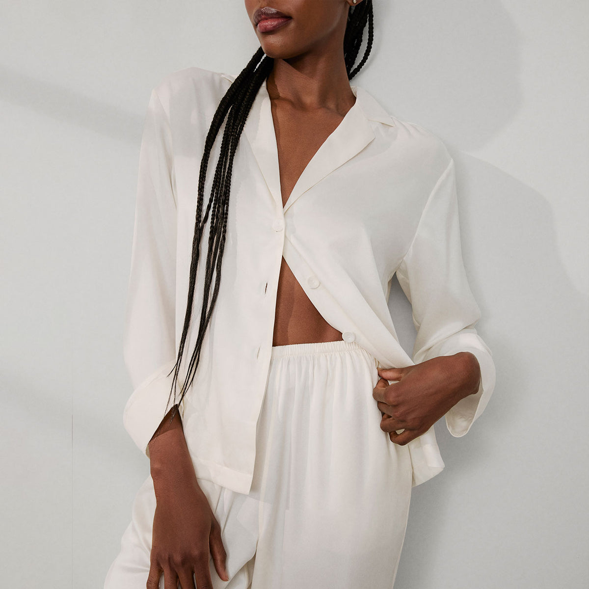 Lunya Pajamas Washable Silk Long Sleeve Pant Set - #Tranquil White