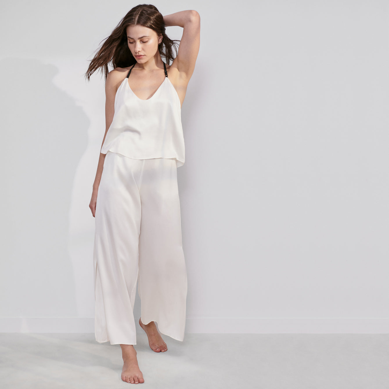 Washable Silk Cami Pant Set - Tranquil White/Immersed Black / L