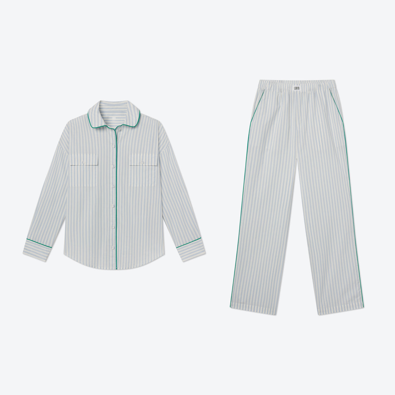 Lunya Pajamas - THE LONG RECESS KIT
AIRY COTTON PIPED BUTTON DOWN + AIRY COTTON PIPED SHORT #STILLWATER STRIPE/SPRING CLOVER
