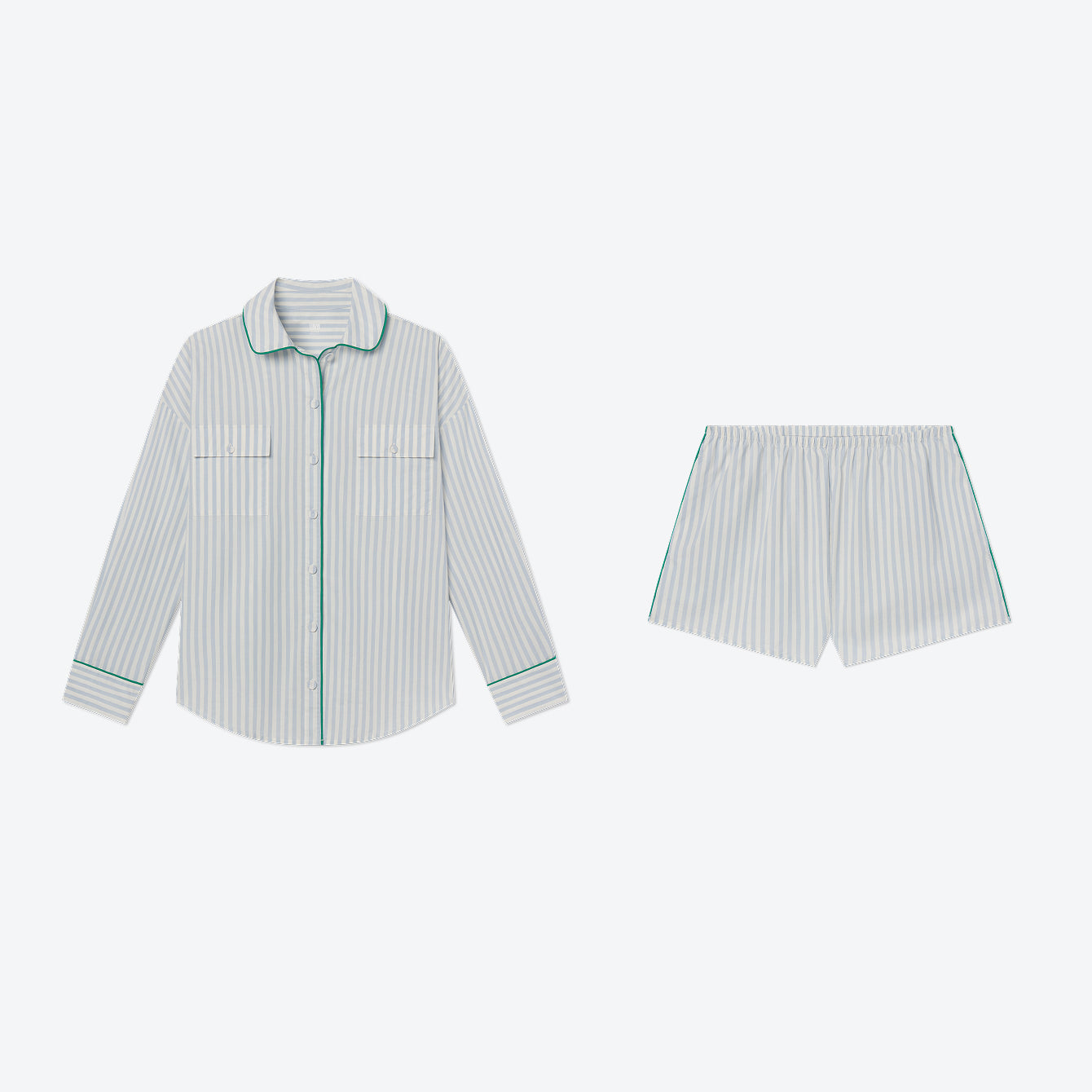 Lunya Pajamas - THE SUNKISSED KIT
AIRY COTTON PIPED BUTTON DOWN + AIRY COTTON PIPED SHORT #STILLWATER STRIPE/SPRING CLOVER