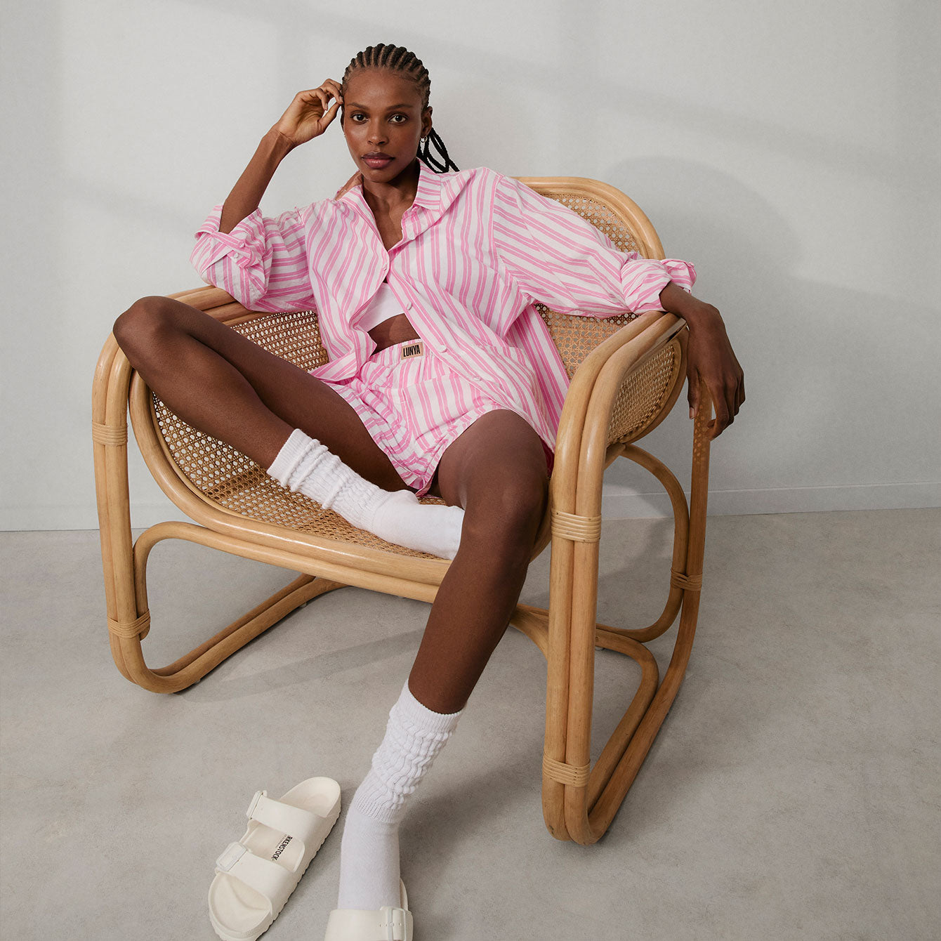 Lunya Pajamas Airy Cotton Curved Hem Boxer - #Azalea Stripe