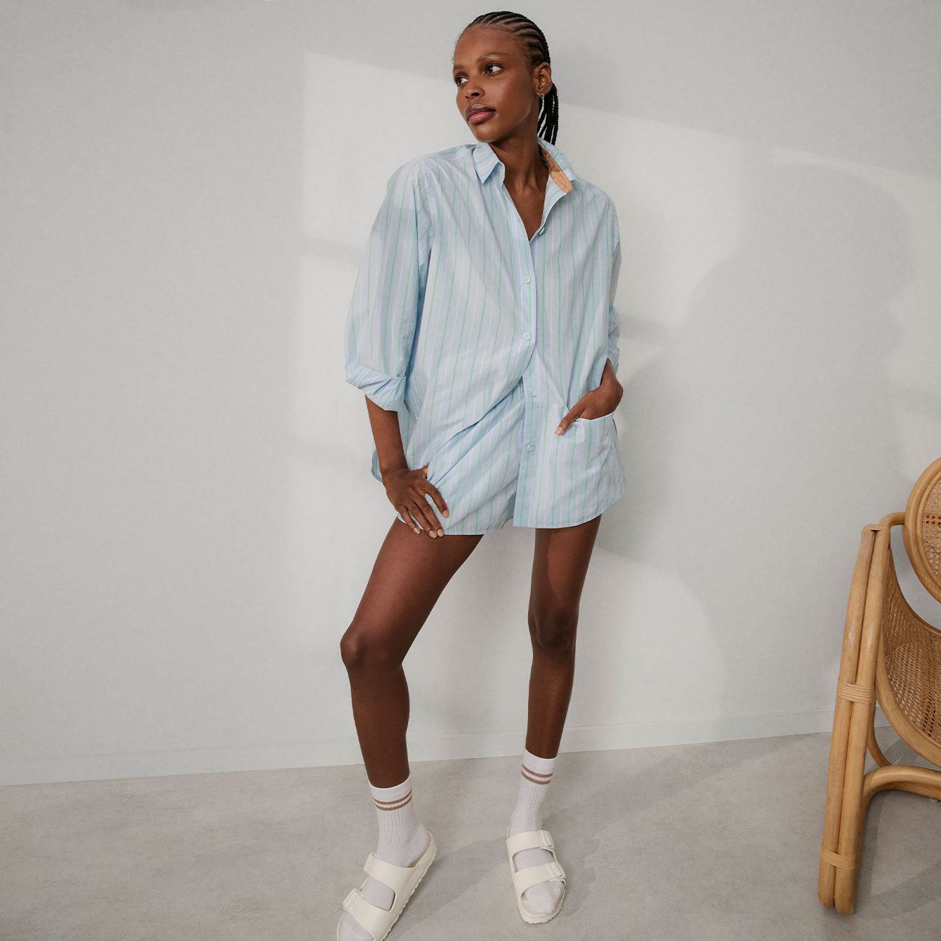Lunya Pajamas Airy Cotton Curved Hem Shirt - #Azure Stripe