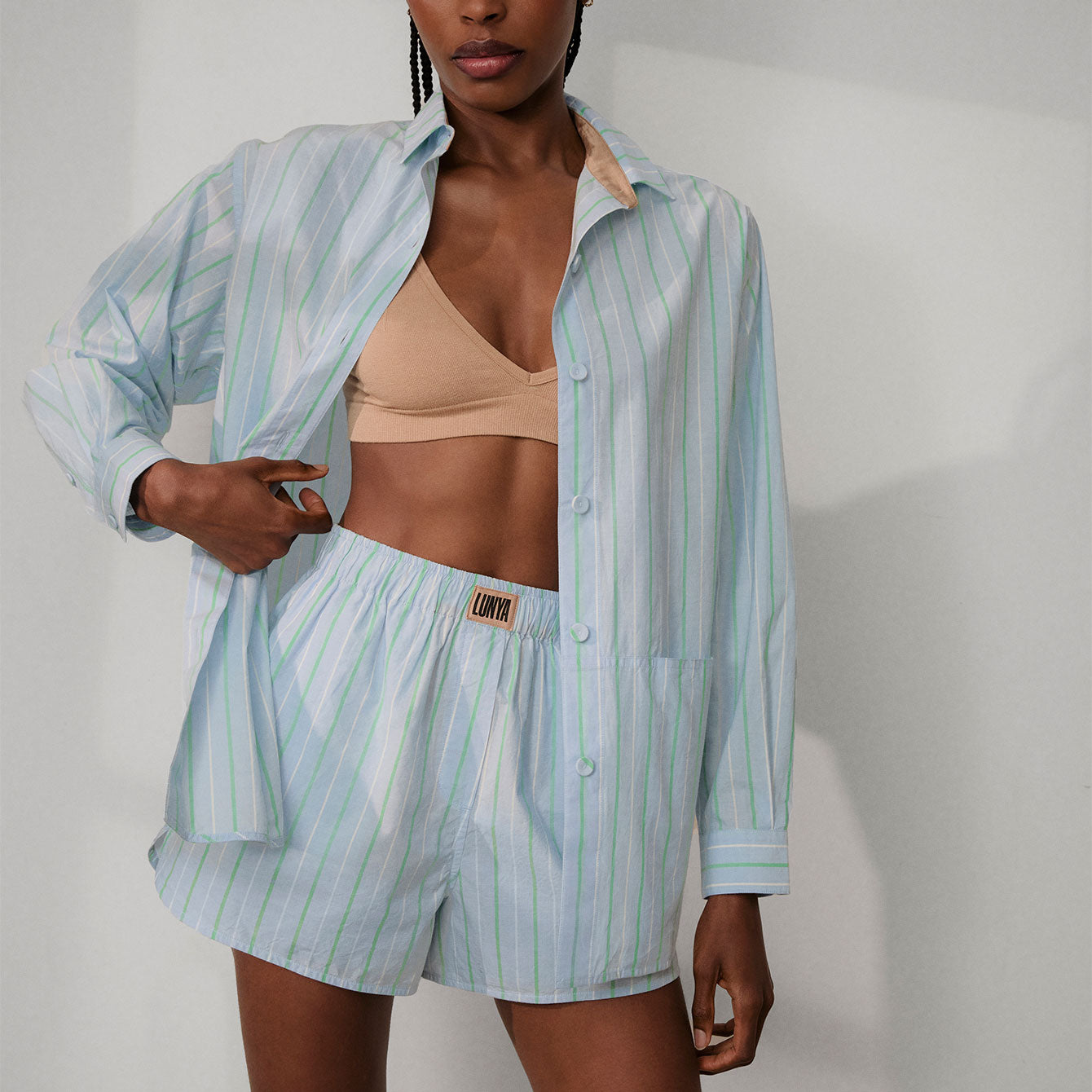 Lunya Pajamas Airy Cotton Curved Hem Shirt - #Azure Stripe