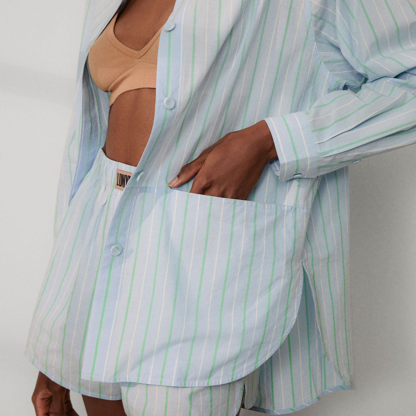Lunya Pajamas Airy Cotton Curved Hem Shirt - #Azure Stripe