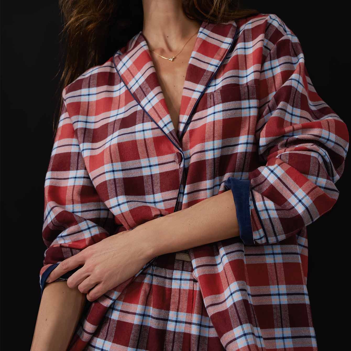 Lunya Pajamas Brushed Flannel Shawl Collar Long Sleeve - #Rustle Plaid