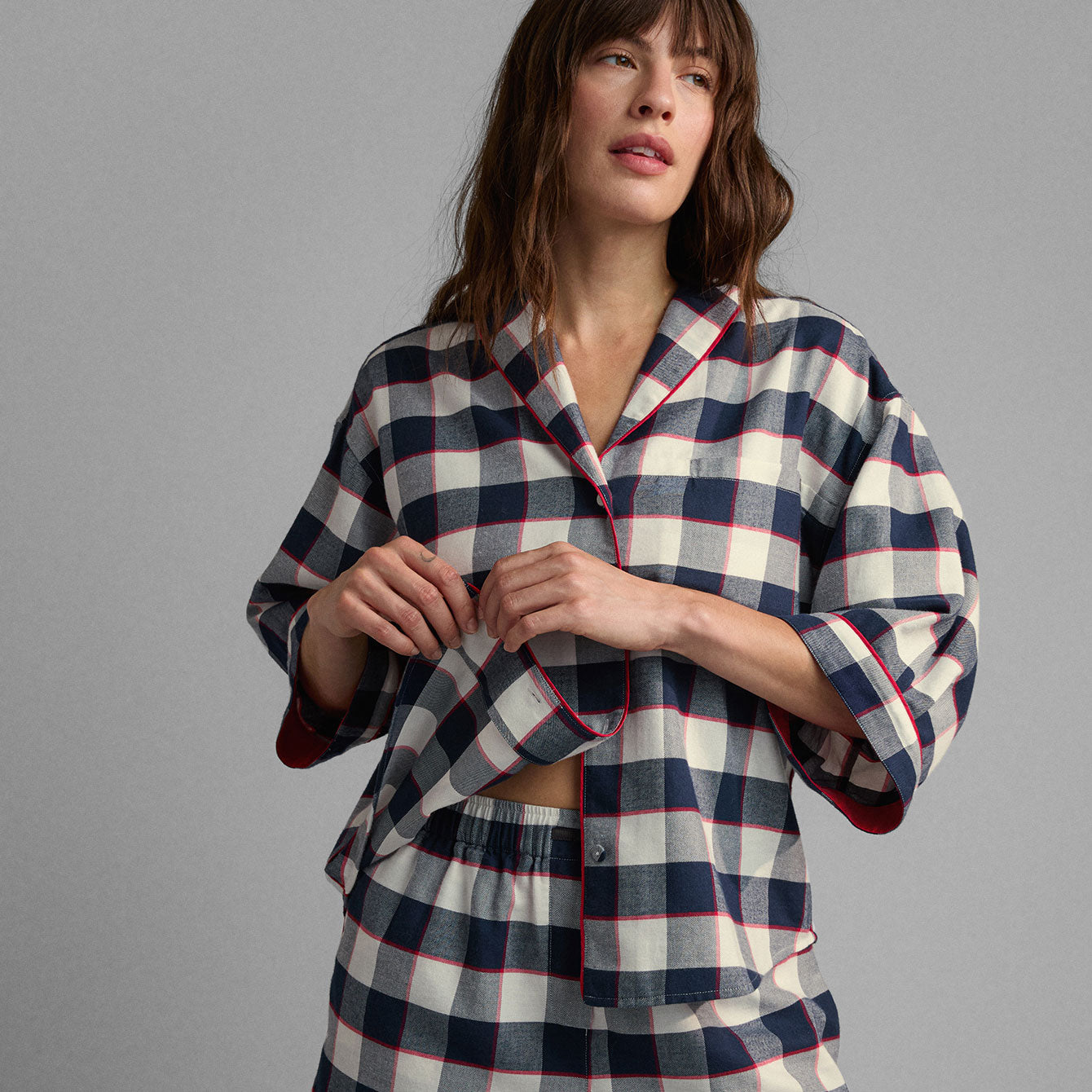 Lunya Sleepwear Brushed Flannel Shawl Collar Button Down - #Alpine Plaid