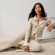 Lunya Loungewear Cottonsilk™ Ribbed Button Up - #Calm Tan/Sincere White