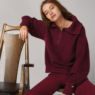 Women's Cozy Cotton Silk Collared Half Zip - #Madrone Burgundy