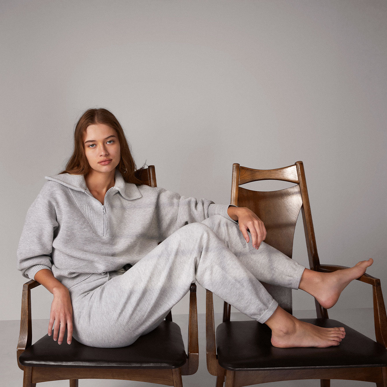 Women's Cozy Cotton Silk Collared Half Zip - #Mellow Grey Heather