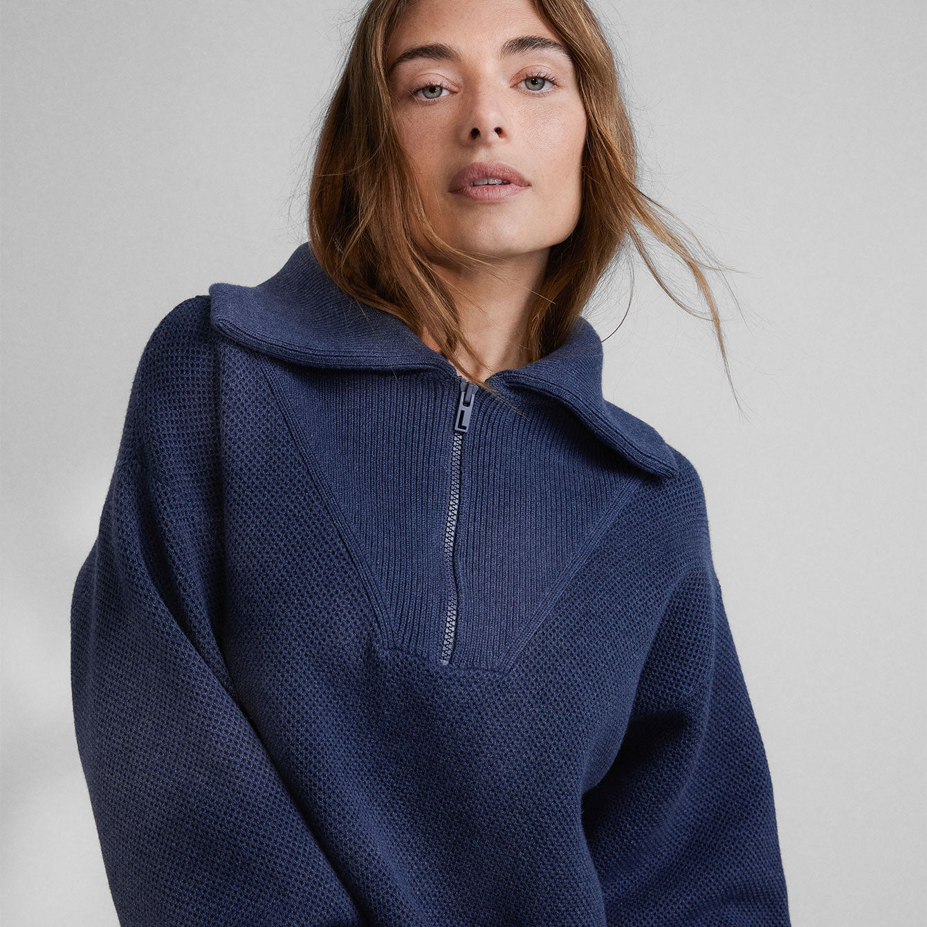 Cozy Cotton Silk Collared Half Zip - #Deep Blue Heather