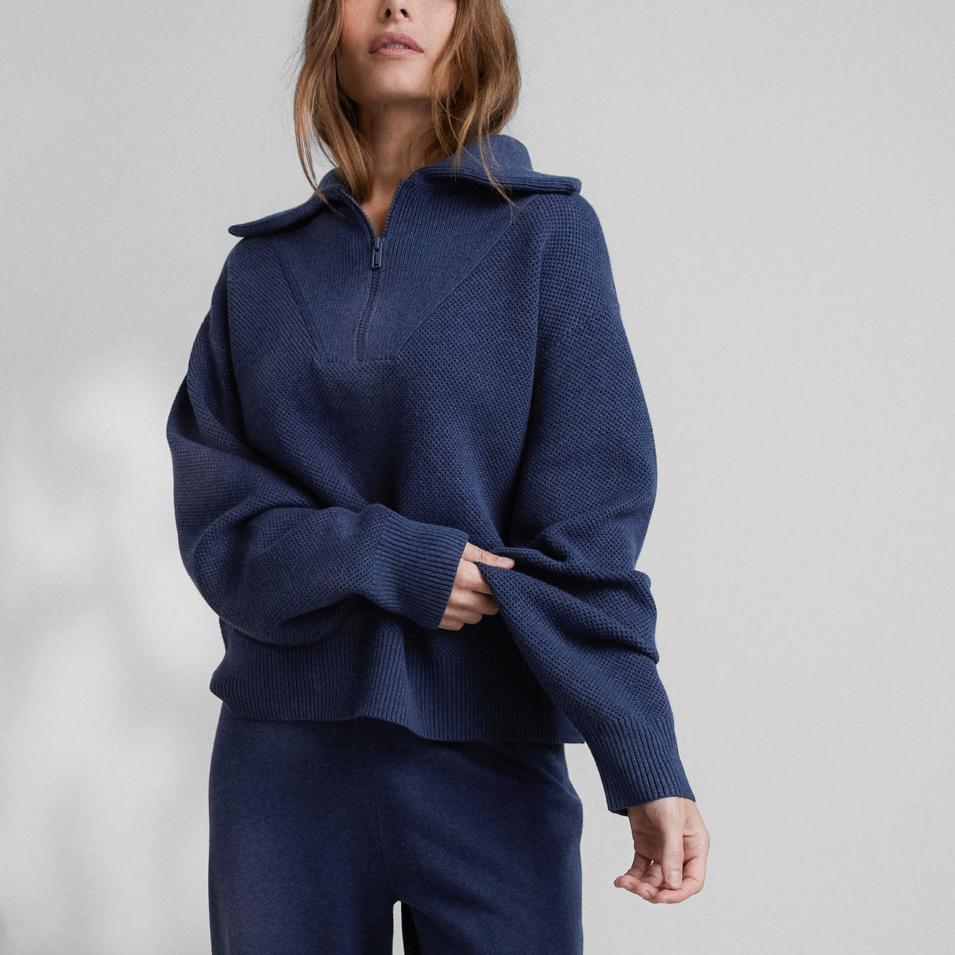 Cozy Cotton Silk Collared Half Zip - #Deep Blue Heather