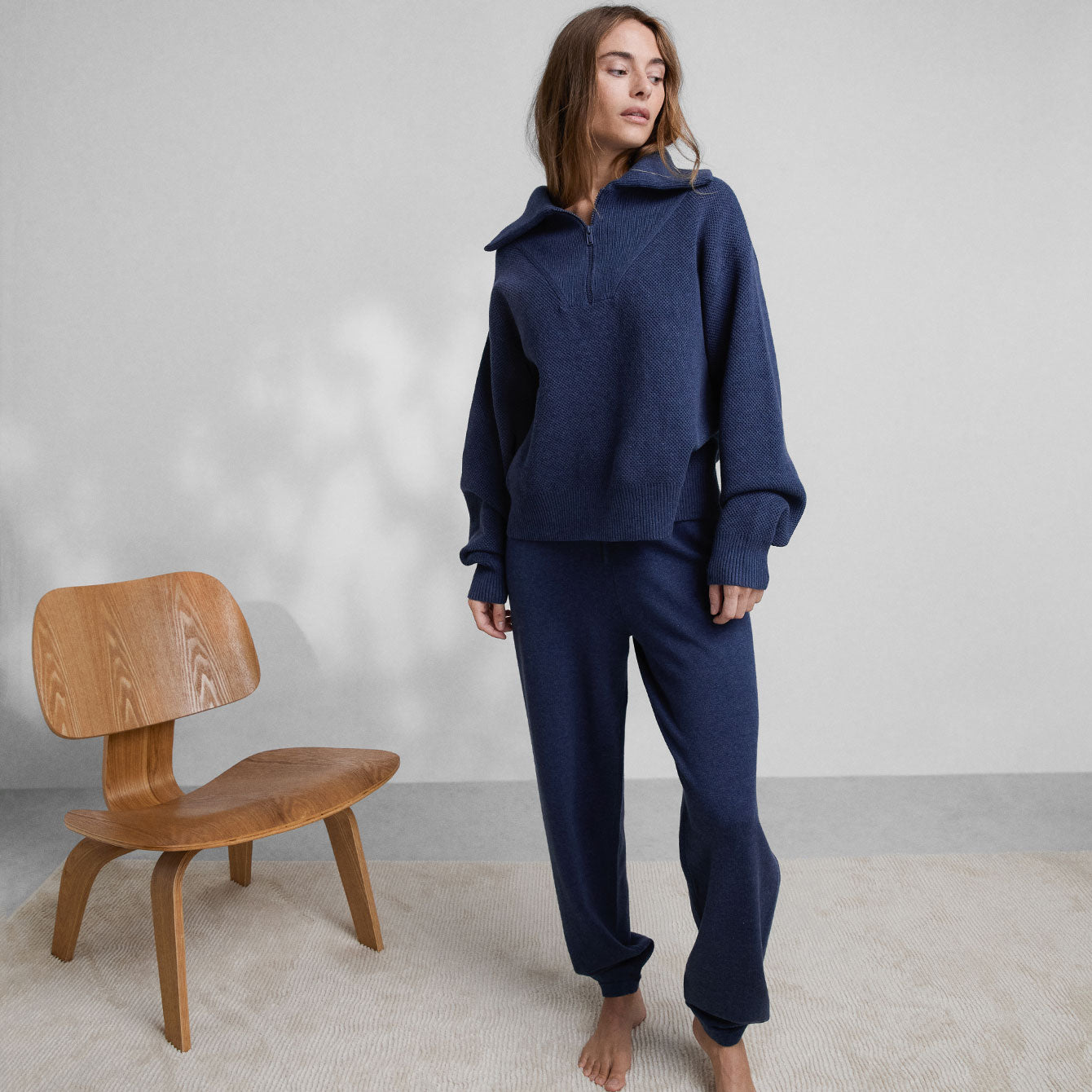 Cozy Cotton Silk Collared Half Zip - #Deep Blue Heather