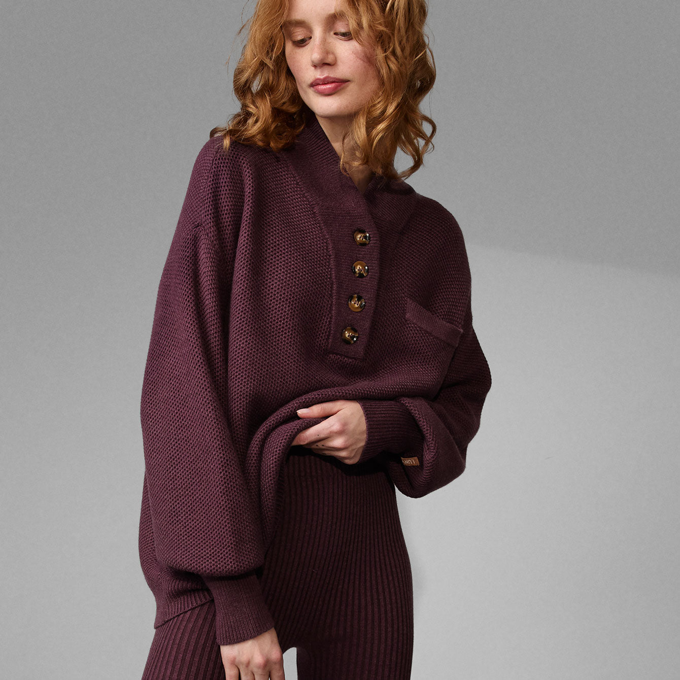 Lunya Loungewear Cozy Cotton Silk Pocket Henley - #Brandied Plum