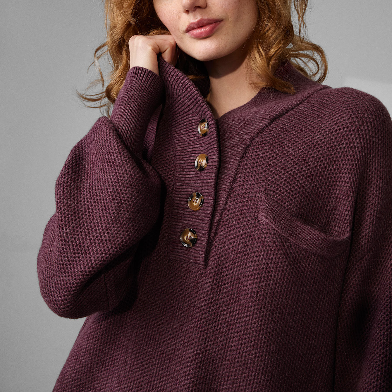 Lunya Loungewear Cozy Cotton Silk Pocket Henley - #Brandied Plum