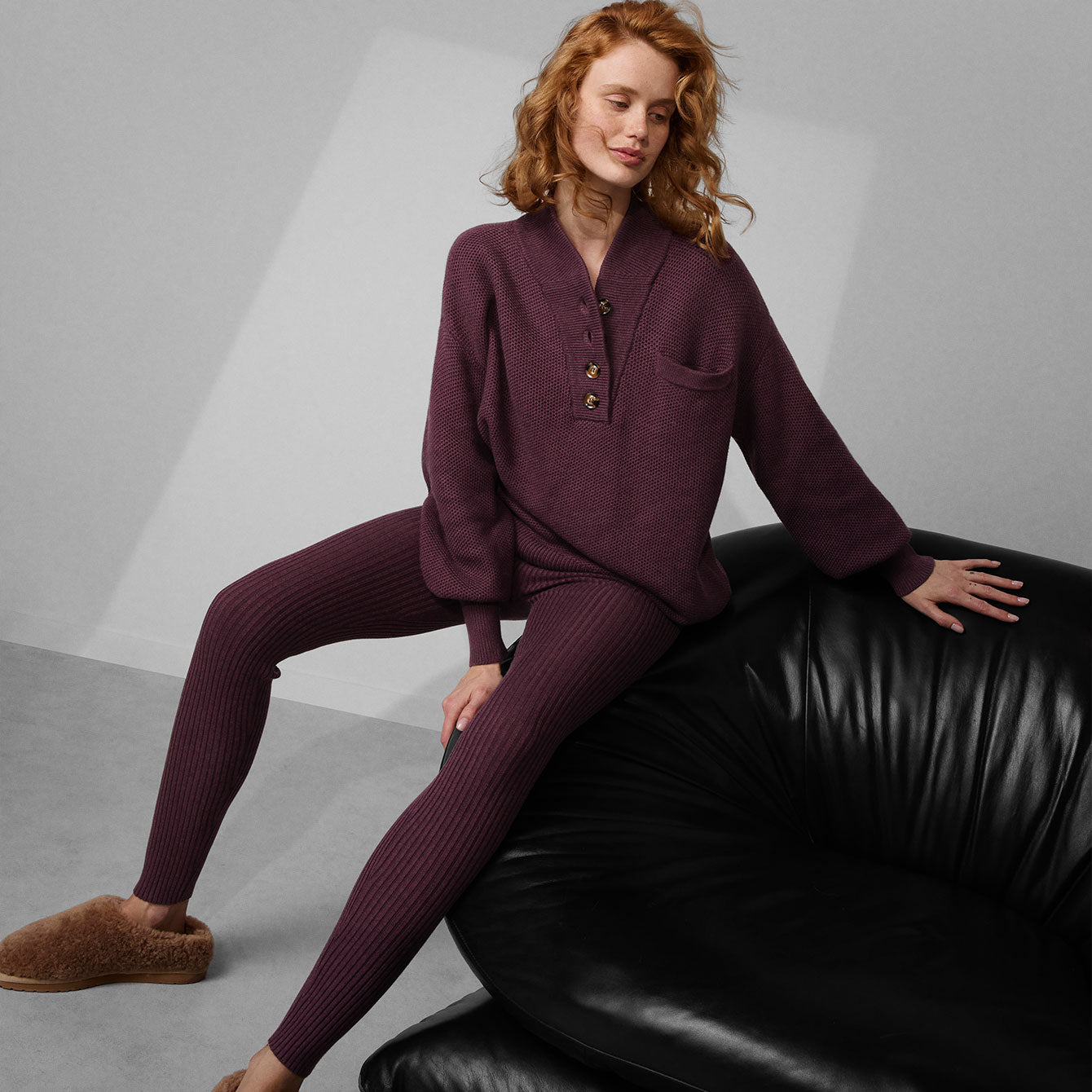 Lunya Loungewear Cozy Cotton Silk Pocket Henley - #Brandied Plum