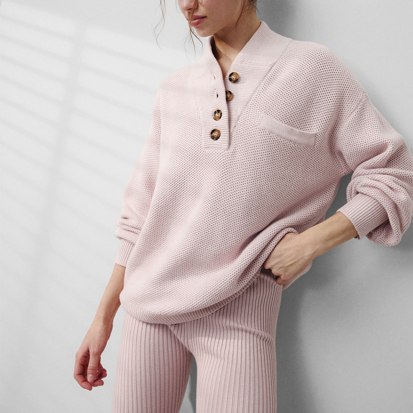 Lunya Loungewear Cozy Cotton Silk Pocket Henley - #Delicate Pink