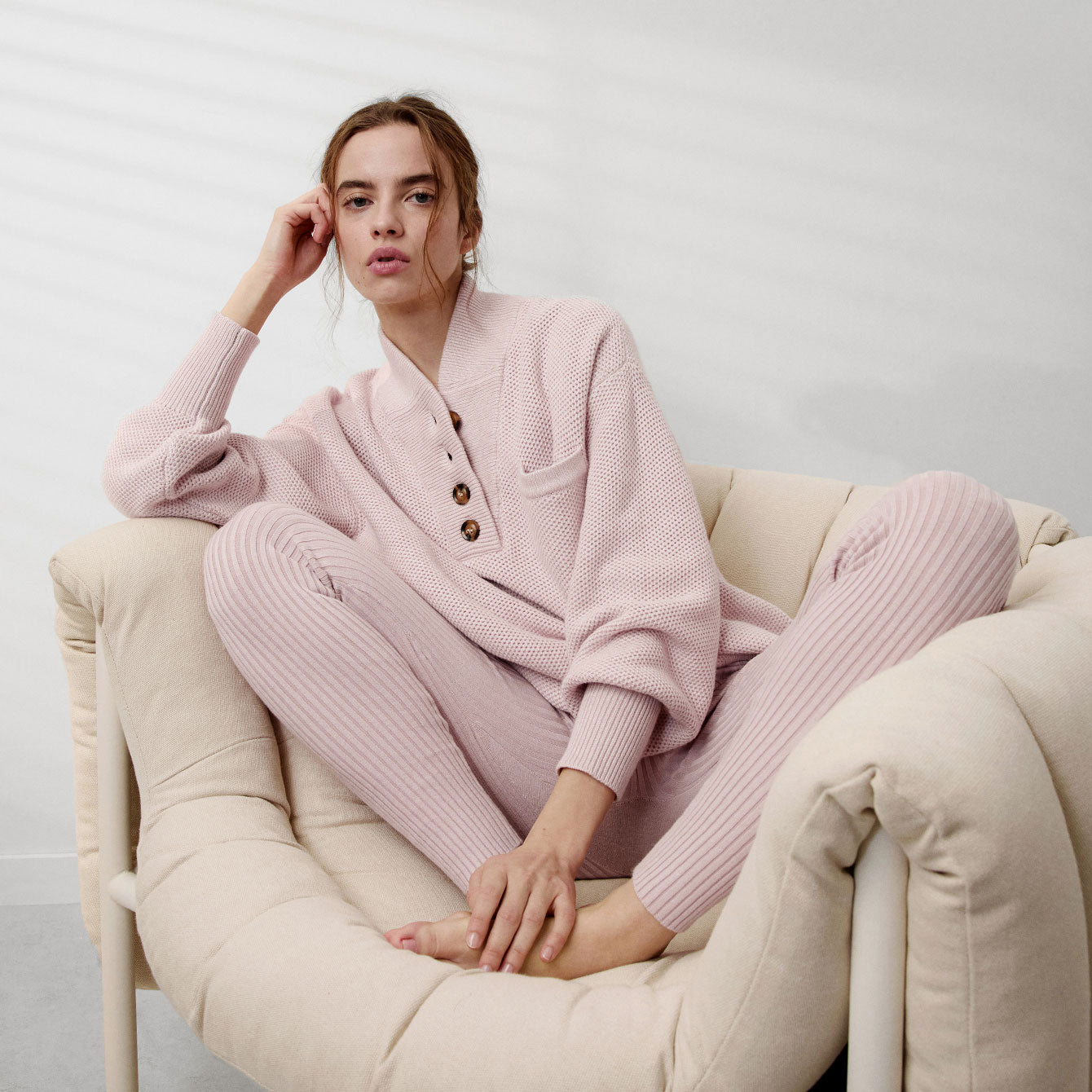 Lunya Loungewear Cozy Cotton Silk Pocket Henley - #Delicate Pink