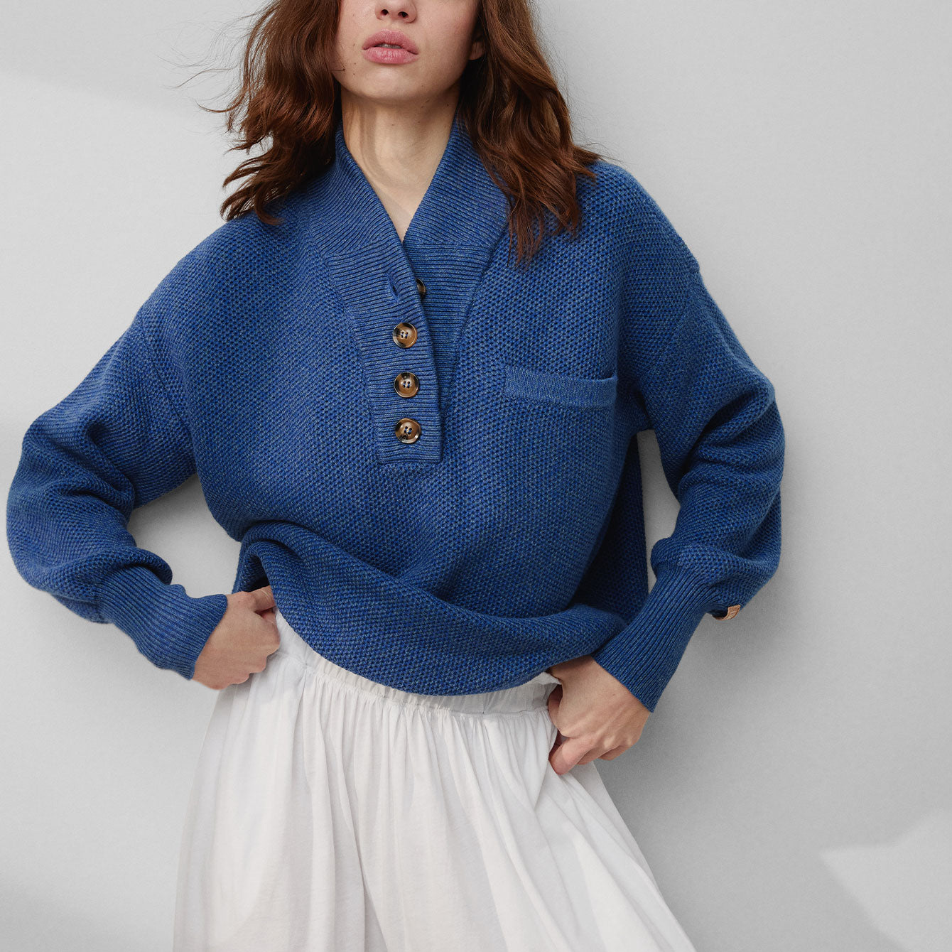 Lunya Loungewear Cozy Cotton Silk Pocket Henley - Lake Blue Marl