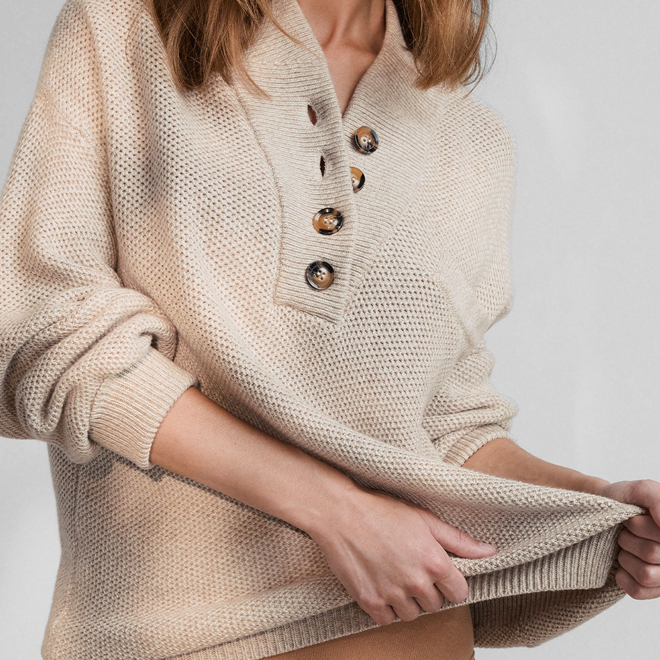 Cozy Cotton Silk Pocket Henley - #Oat Marl