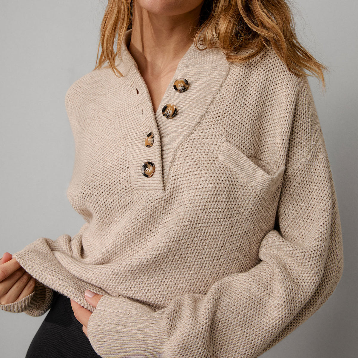 Cozy Cotton Silk Pocket Henley - #Oat Marl