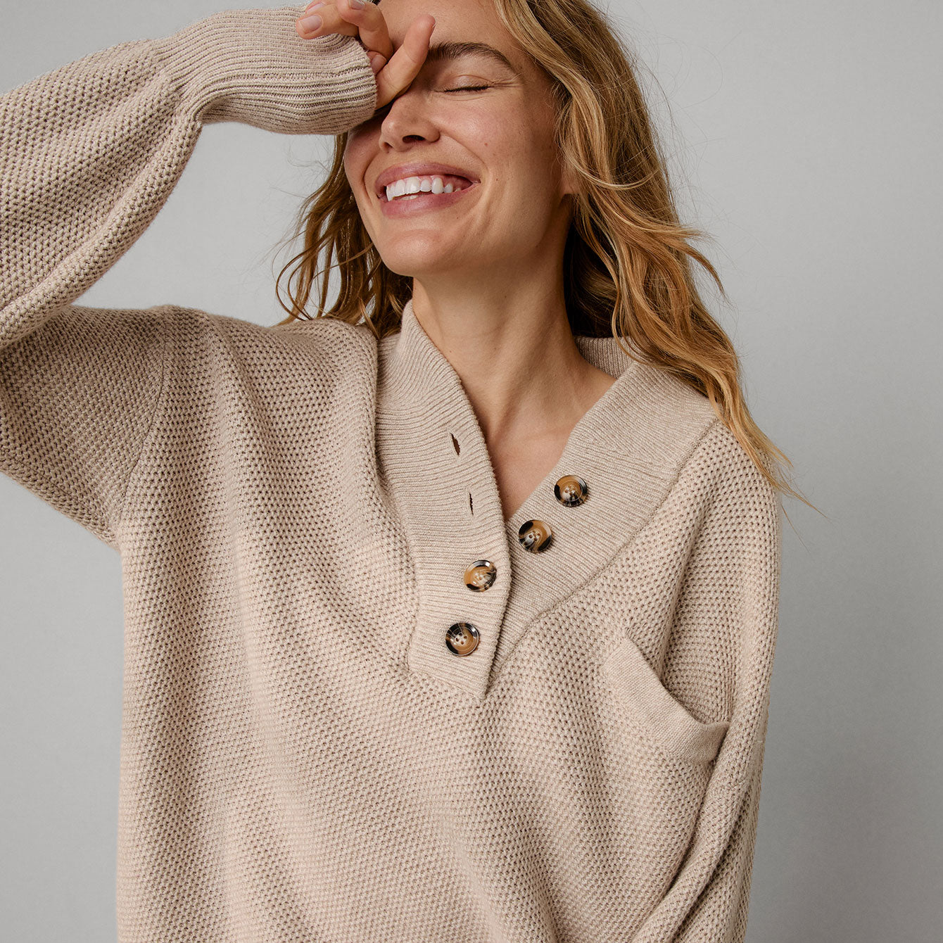 Cozy Cotton Silk Pocket Henley - #Oat Marl